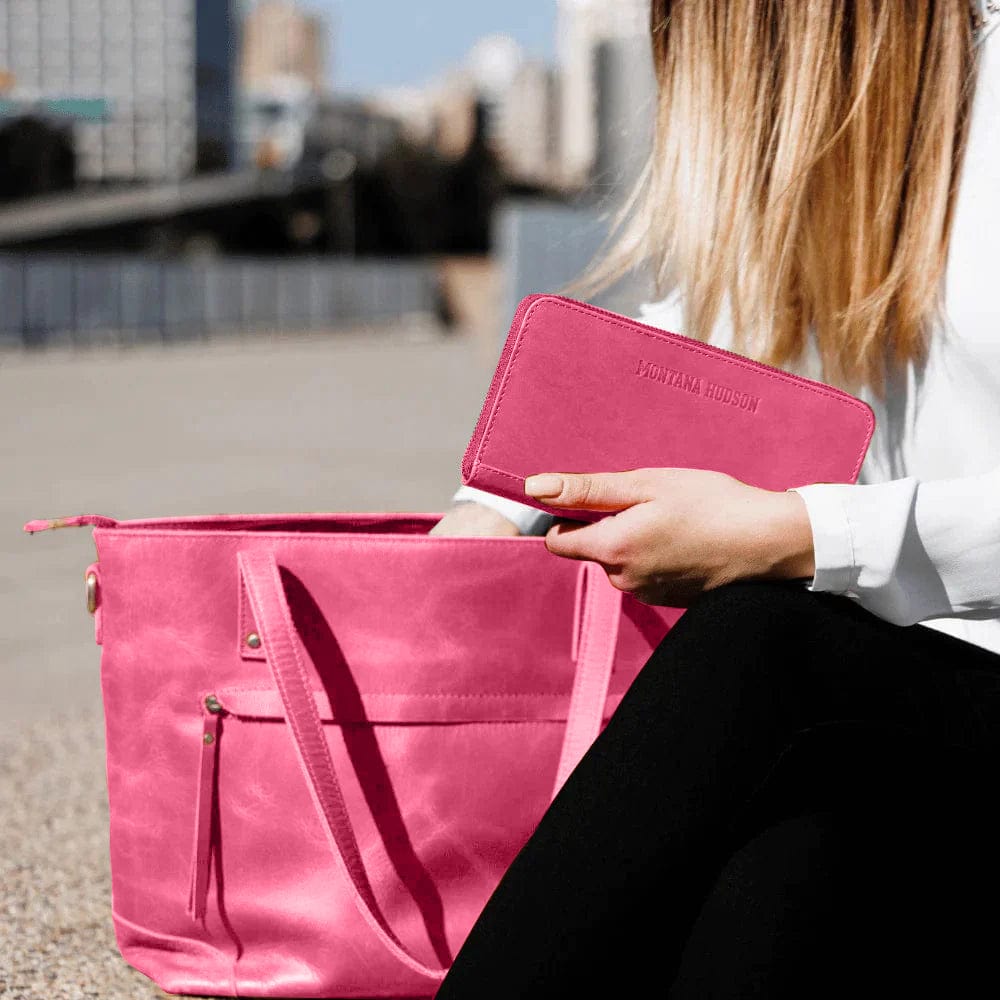 Watermelon Pink Eva Leather Zip Tote + 2 FREE MATCHING WALLETS
