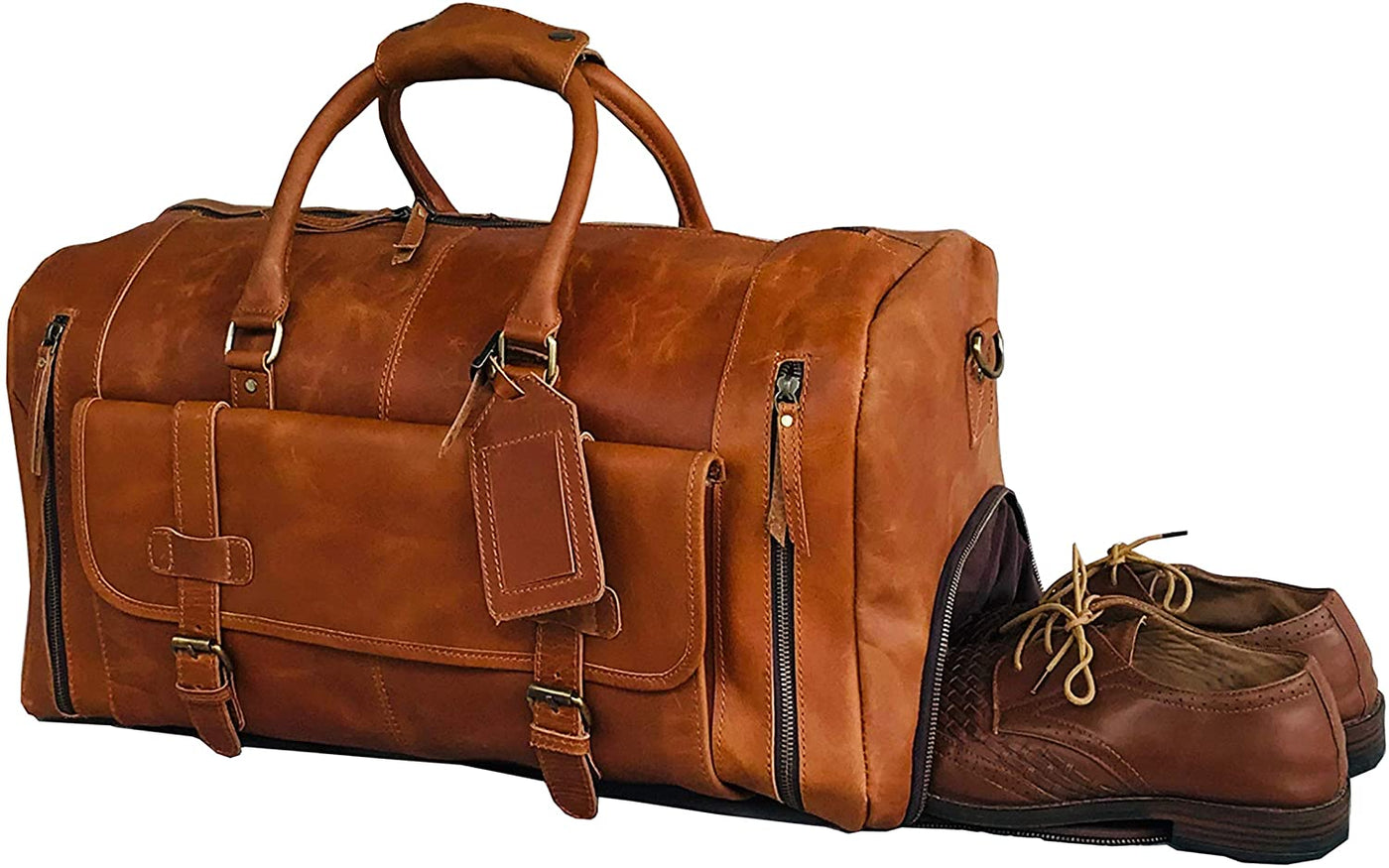 Full Grain Buffalo Leather Duffle Bag with Shoe Compartment